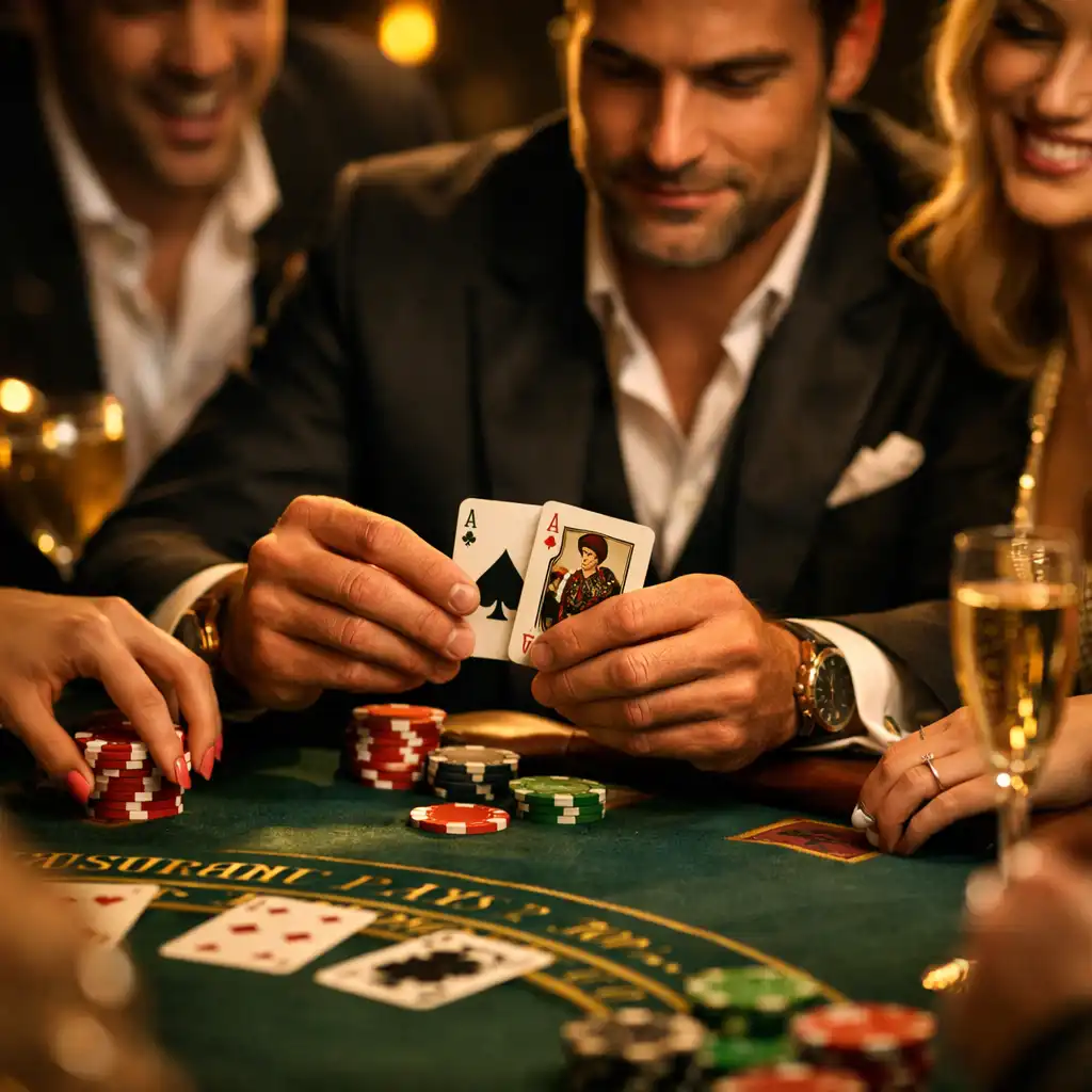 Goście grający w blackjacka, zbliżenie na ręce i żetony